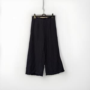 Lucca Navy S Wide Leg Cropped Frayed‎ Flat Front Pants Cotton Linen Blend